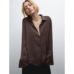 Massimo Dutti Flowing Satin Shirt Button Blouse in Dark Maroon NEW Size Medium